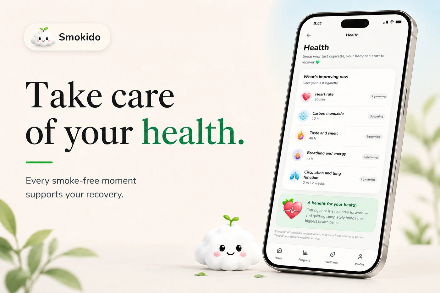 Smokido’s Health screen: the benefits that gradually appear after your last cigarette.
