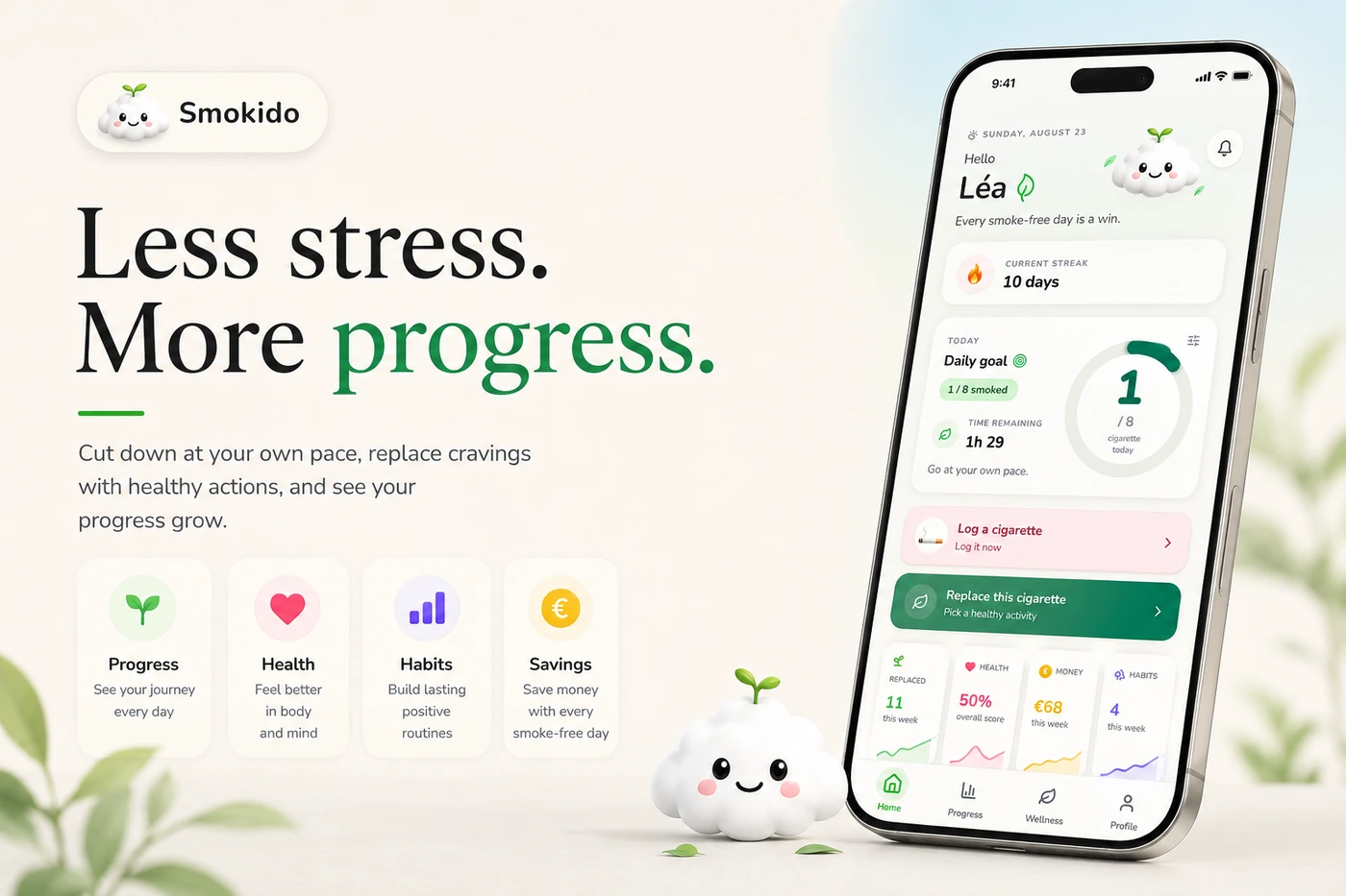 Smokido overview: “Less stress. More progress.”, four highlights — progress, health, habits and savings — and the app home screen.