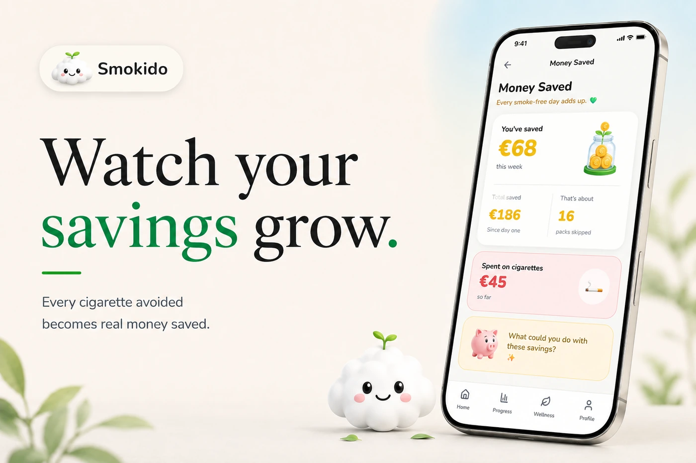 Smokido savings screen: money saved this week, total saved since the beginning, and the equivalent in packs avoided.