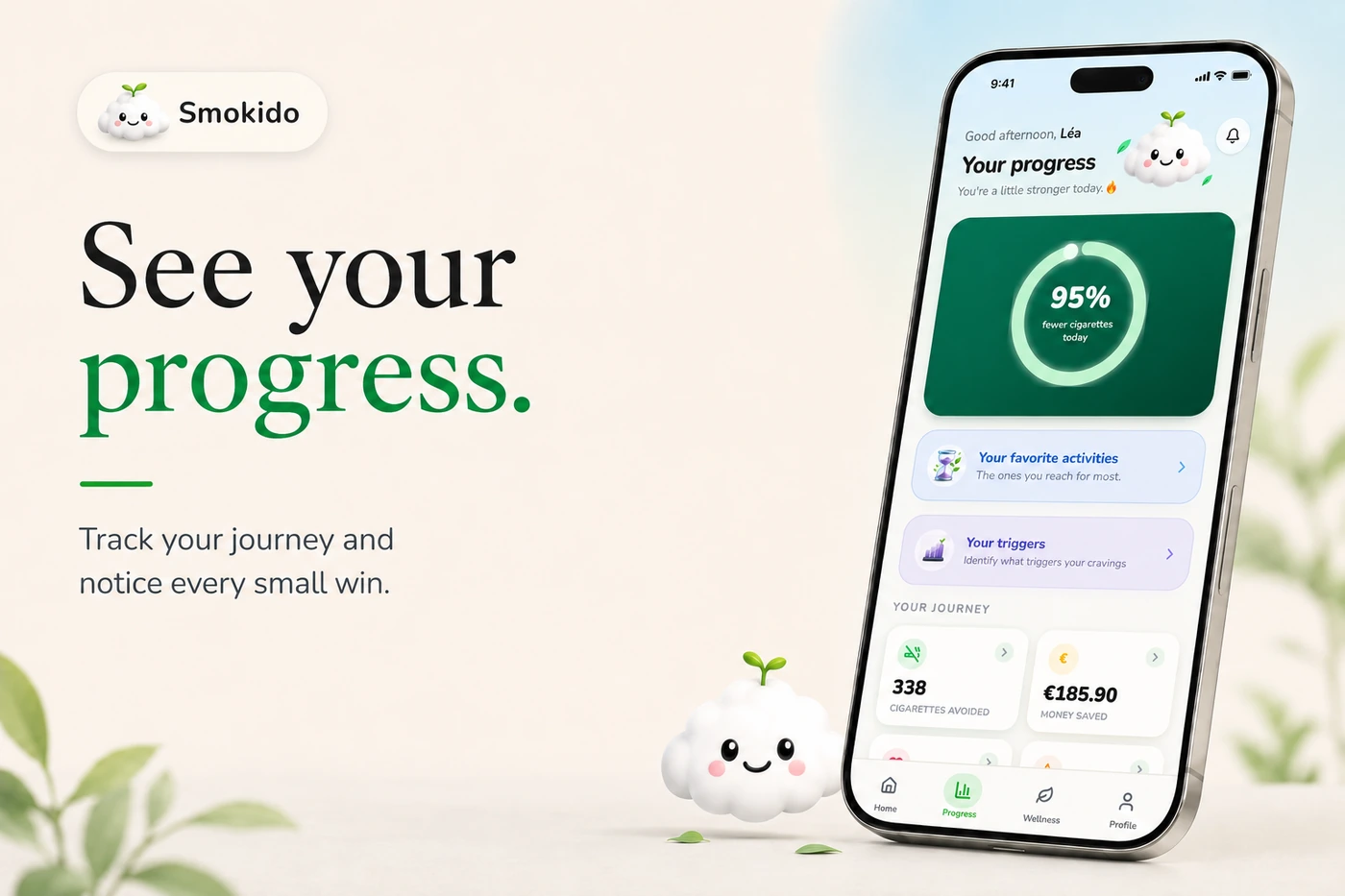 Progress screen: 95% fewer cigarettes today, favourite activities, triggers, cigarettes avoided and money saved.