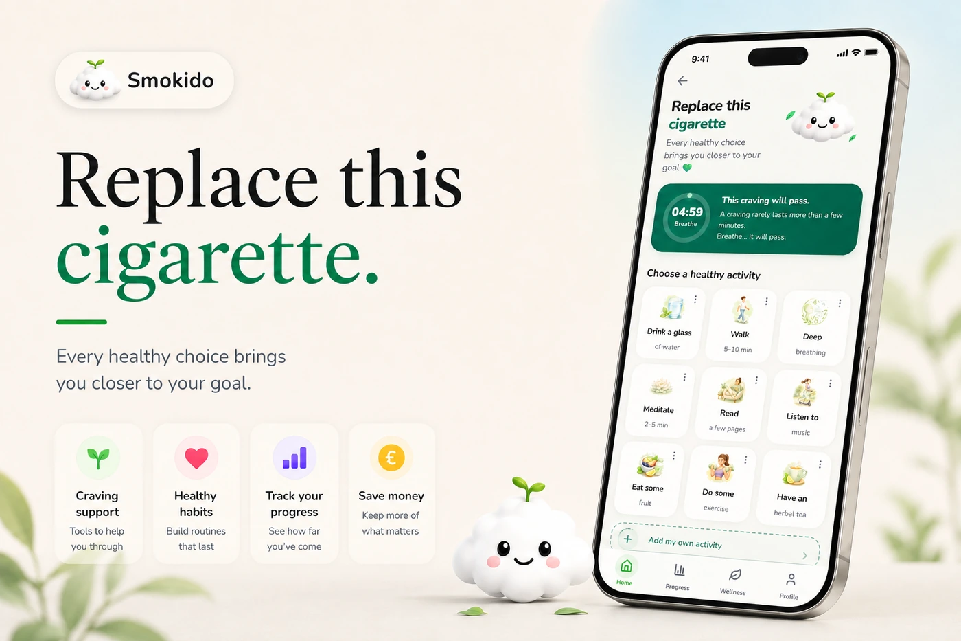 The “Replace this cigarette” screen: a five-minute timer and a grid of healthy activities to choose from, such as drinking water, walking, breathing, meditating and reading.