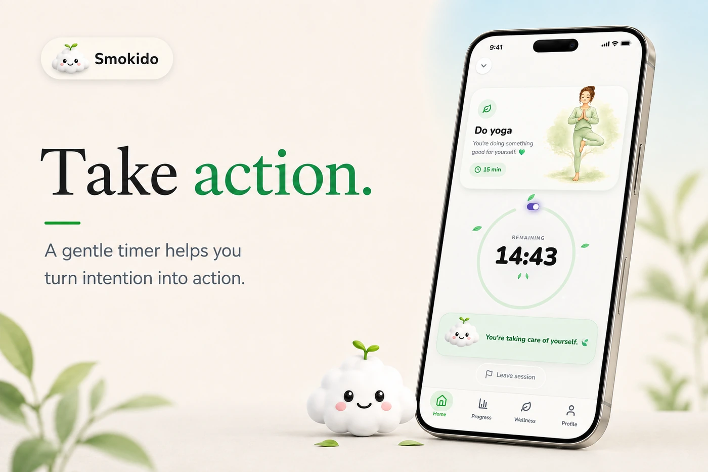 A yoga session running in Smokido: a timer showing fourteen minutes remaining and a message of encouragement.