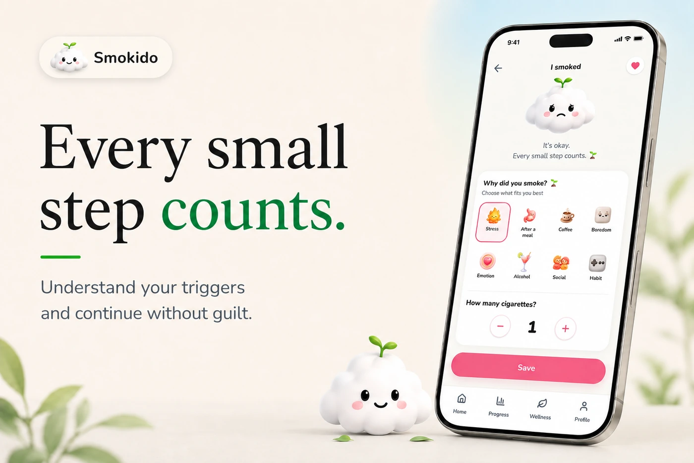 Smokido’s “I smoked” screen: the app asks without judgment what triggered the craving and helps you continue.