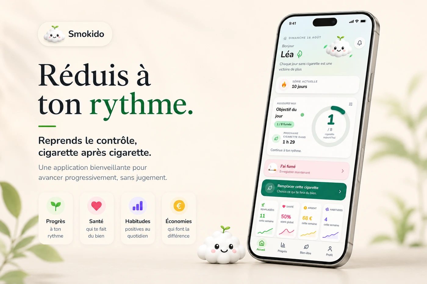 Aperçu de Smokido : « Moins de stress. Plus de progrès. », quatre repères — progrès, santé, habitudes, économies — et l’écran d’accueil de l’application.