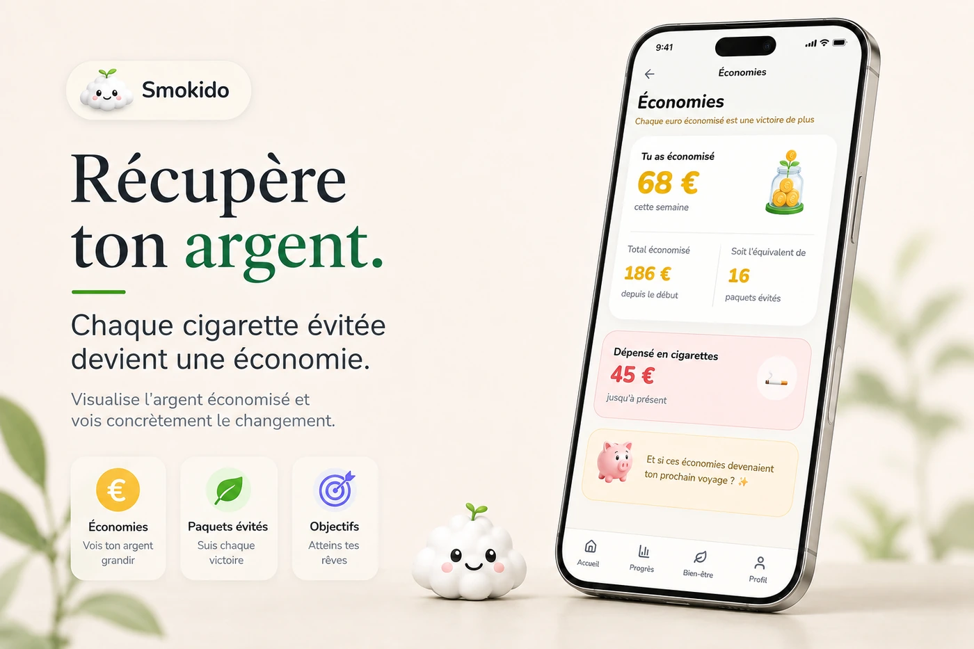 Écran Économies de Smokido : montant économisé sur la semaine, total depuis le début et équivalent en paquets évités.