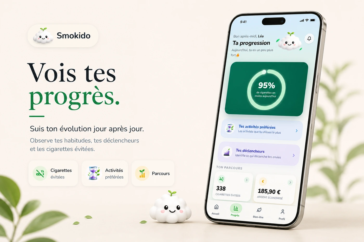 Écran de progression : 95 % de cigarettes en moins aujourd’hui, activités préférées, déclencheurs, cigarettes évitées et argent économisé.