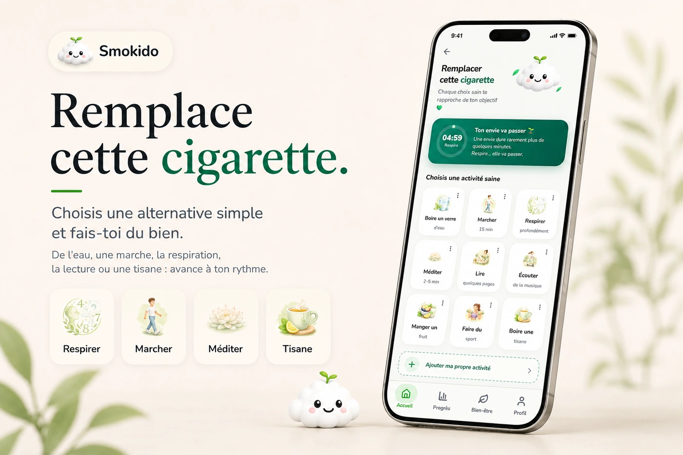 Écran « Remplacer cette cigarette » : un minuteur de cinq minutes et une grille d’activités à choisir, boire un verre d’eau, marcher, respirer, méditer, lire.