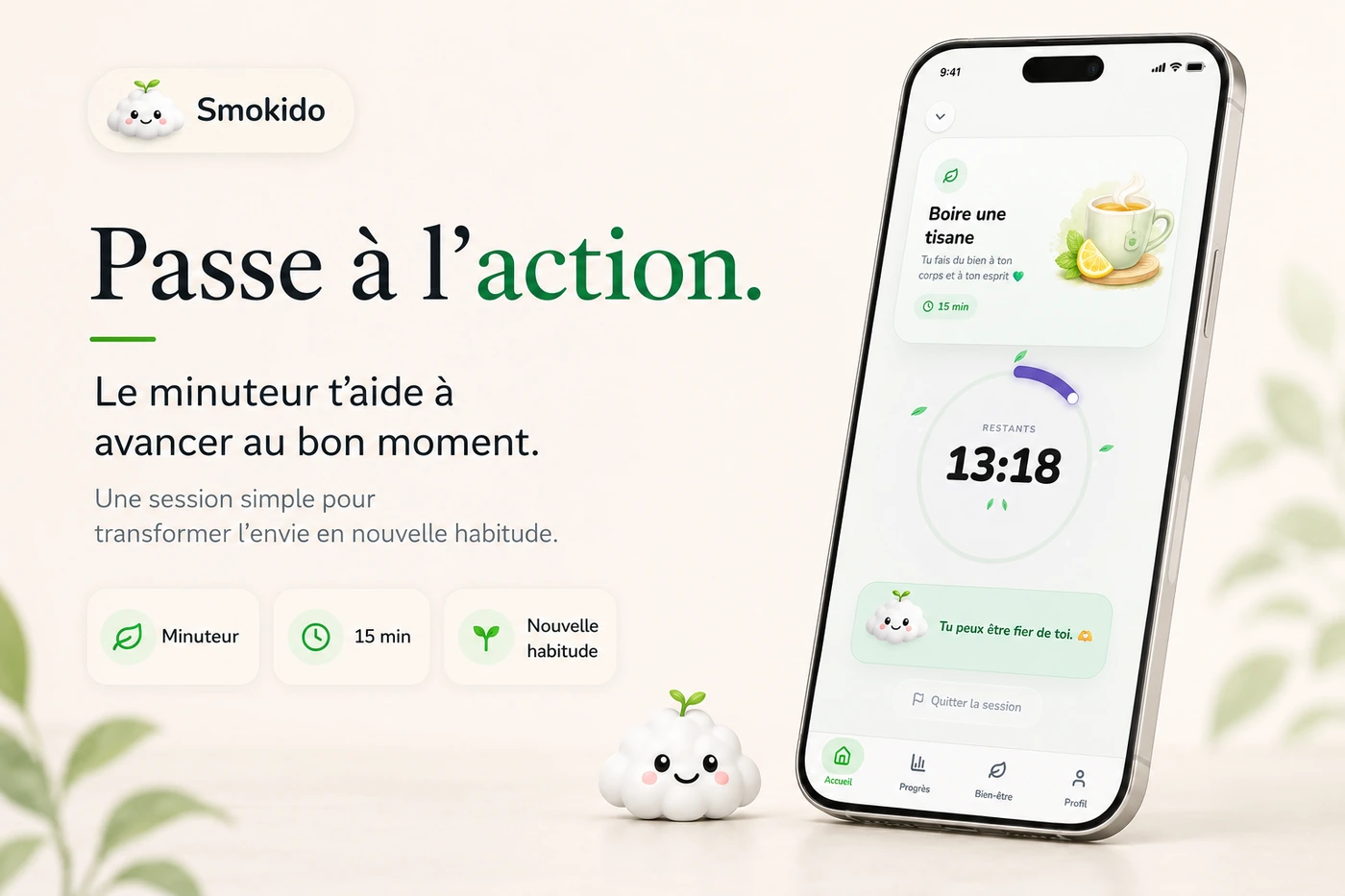 Session de yoga en cours dans Smokido : minuteur affichant quatorze minutes restantes et message d’encouragement.